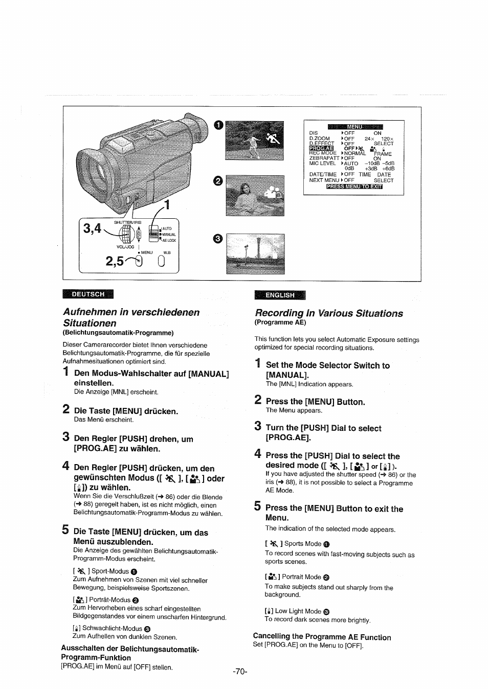 Auf nehmen in verschiedenen situationen, Recording in various situations, Cancelling the programme ae function | Recording in various situations (programme ae).70 | Panasonic NVDX100EG User Manual | Page 70 / 188