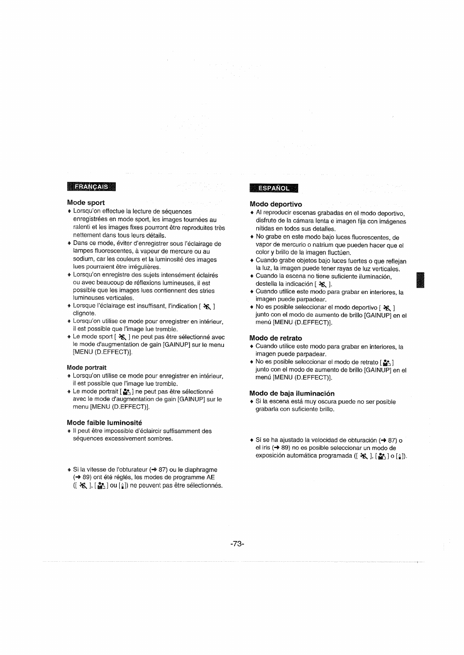 Mode sport, Modo deportivo, Modo de retrato | Modo de baja iluminación, Mode faible luminosité | Panasonic NVDX100EG User Manual | Page 73 / 188