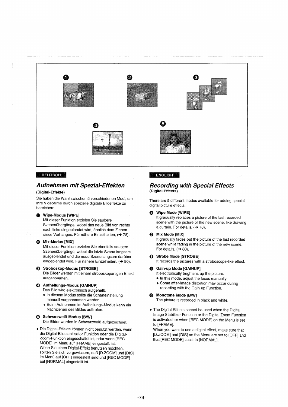 Aufnehmen mit spezial-effekten, Recording with special effects | Panasonic NVDX100EG User Manual | Page 74 / 188