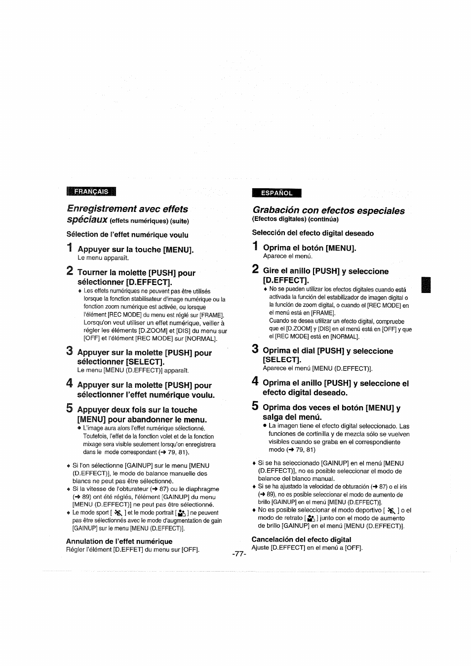 Sélection de l’effet numérique voulu, Annulation de l’effet numérique, Selección del efecto digital deseado | Cancelación del efecto digital, Enregistrement avec effets spéciaux, Grabación con efectos especiales | Panasonic NVDX100EG User Manual | Page 77 / 188