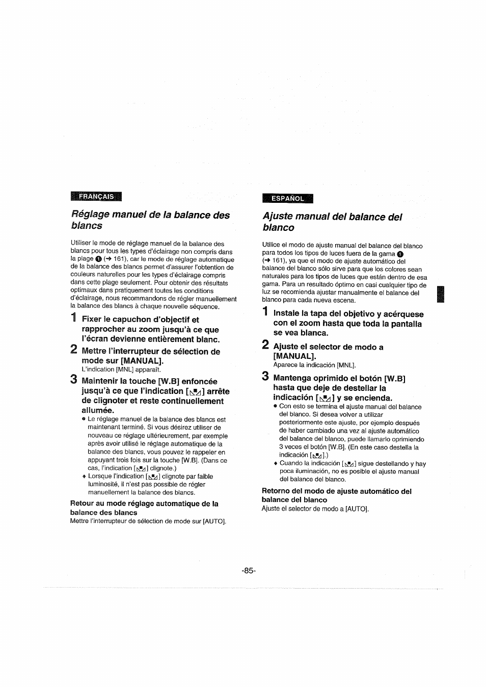 Réglage manuel de la balance des blancs, Ajuste manual del balance del blanco | Panasonic NVDX100EG User Manual | Page 85 / 188