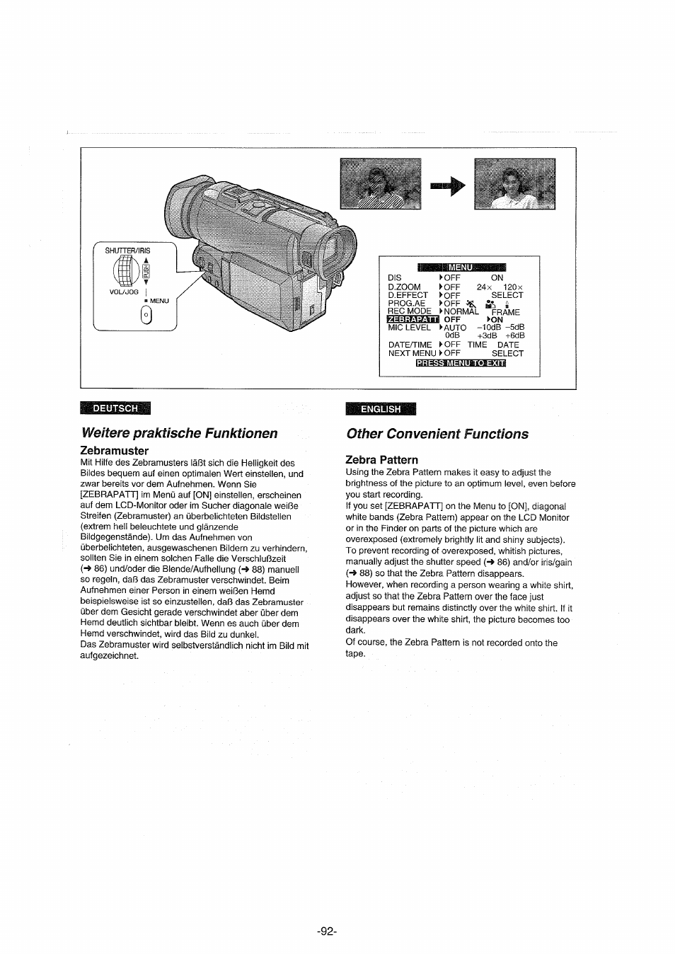 Weitere praktische funktionen, Zebramuster, Other convenient functions | Zebra pattern | Panasonic NVDX100EG User Manual | Page 92 / 188