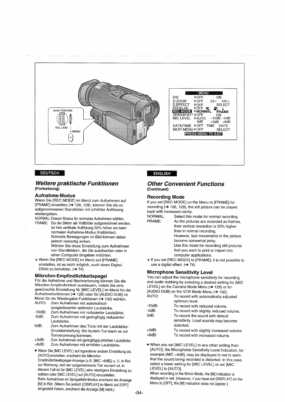 Weitere praktische funktionen, Aufnahme-modus, Mikrofon-empfindlichkeitspegel | Other convenient functions, Recording mode, Microphone sensitivity level | Panasonic NVDX100EG User Manual | Page 94 / 188