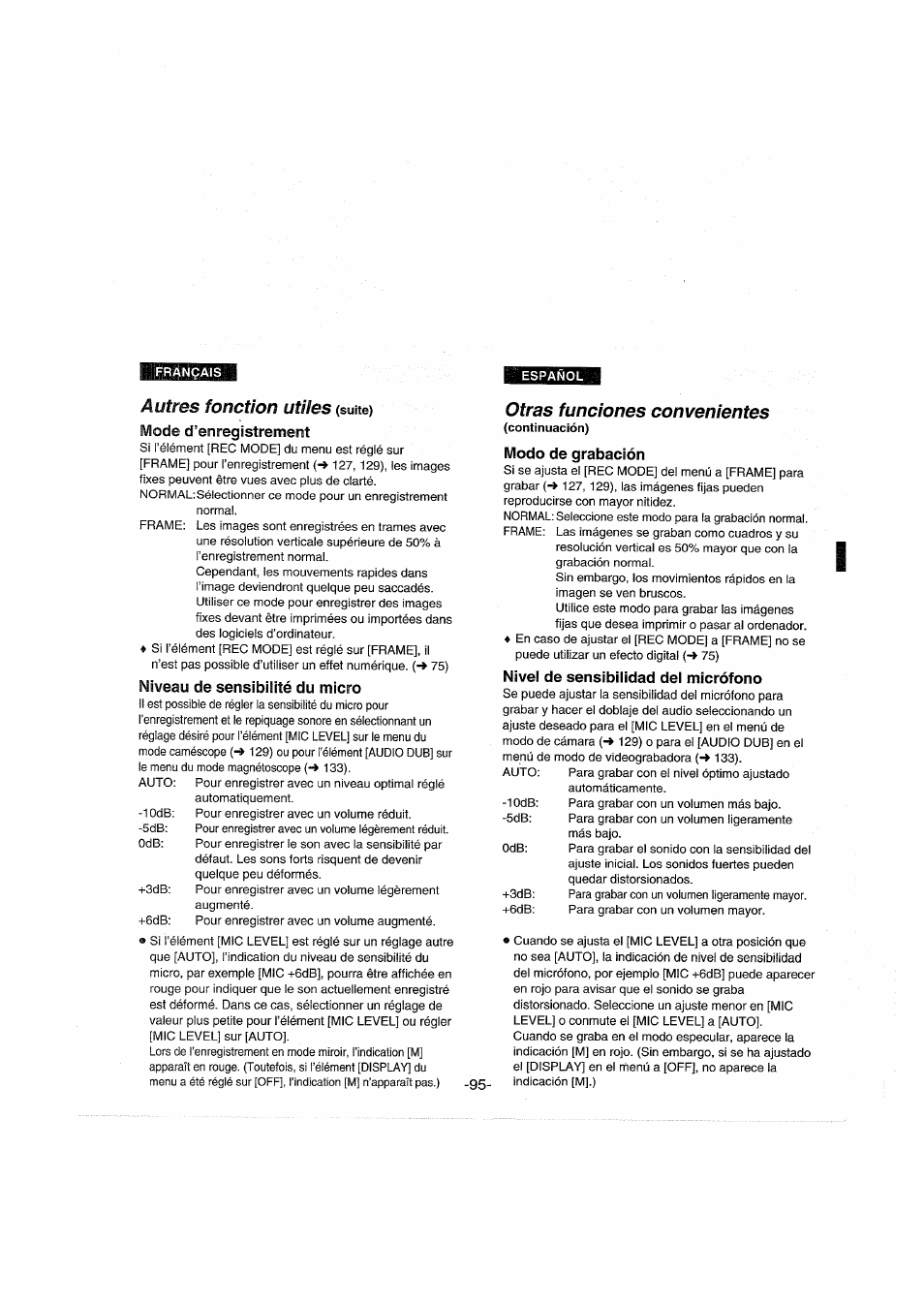 Autres fonction utiles (suite), Mode d’enregistrement, Niveau de sensibilité du micro | Otras funciones convenientes, Modo de grabación, Nivel de sensibilidad del micrófono | Panasonic NVDX100EG User Manual | Page 95 / 188