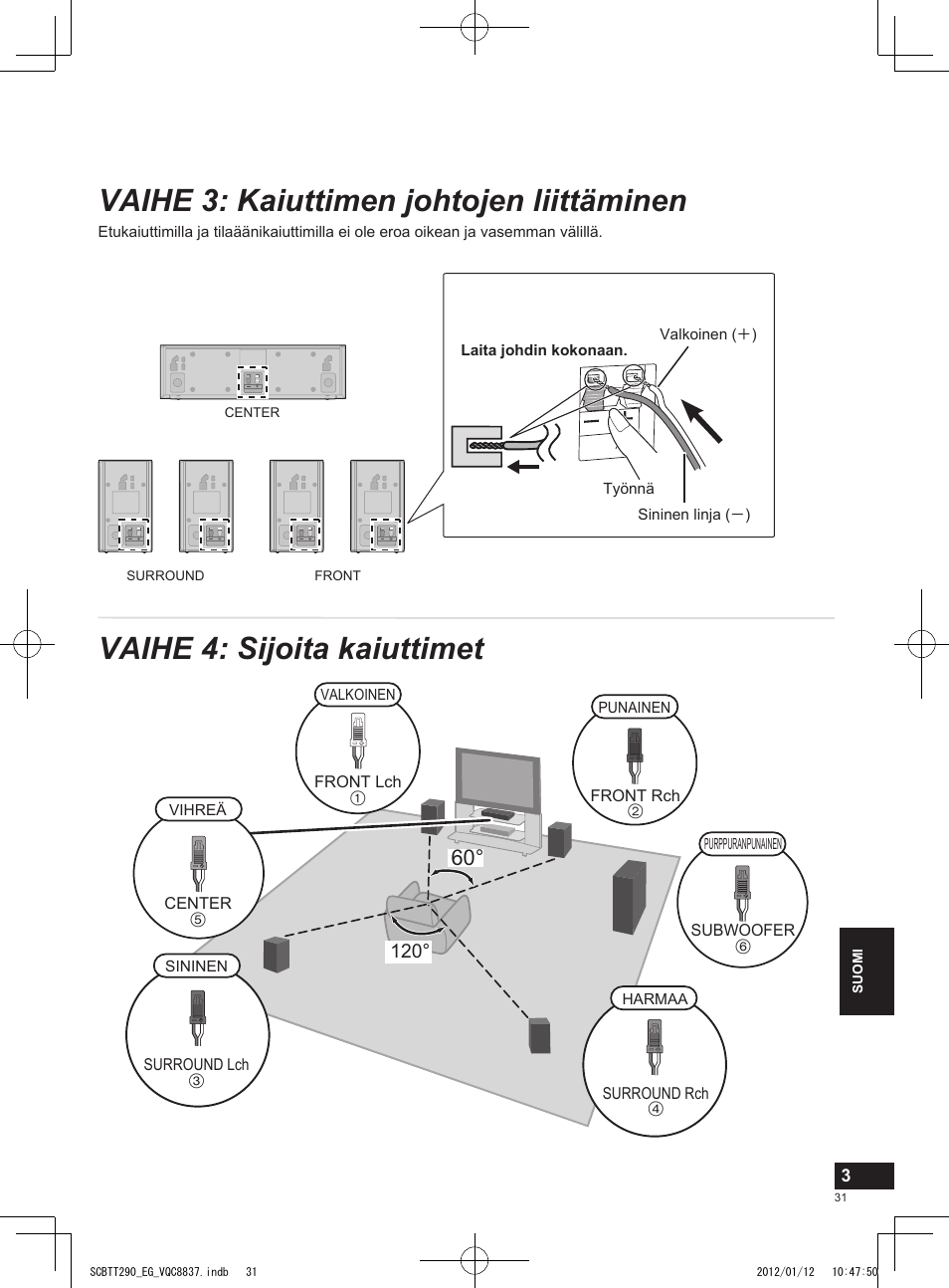 Vaihe 3: kaiuttimen johtojen liittäminen, Vaihe 4: sijoita kaiuttimet | Panasonic SCBTT290EGK User Manual | Page 31 / 36