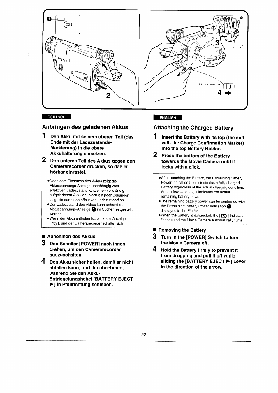 Anbringen des geladenen akkus, Attaching the charged battery | Panasonic NVRX50EG User Manual | Page 21 / 136