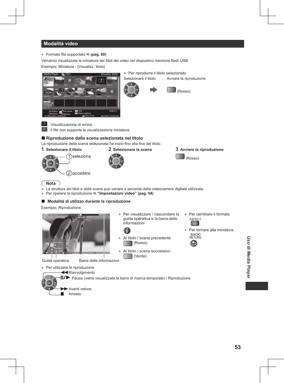 Pag. 53), Modalità video, Uso di media player | Panasonic TX32AW404 User Manual | Page 125 / 288
