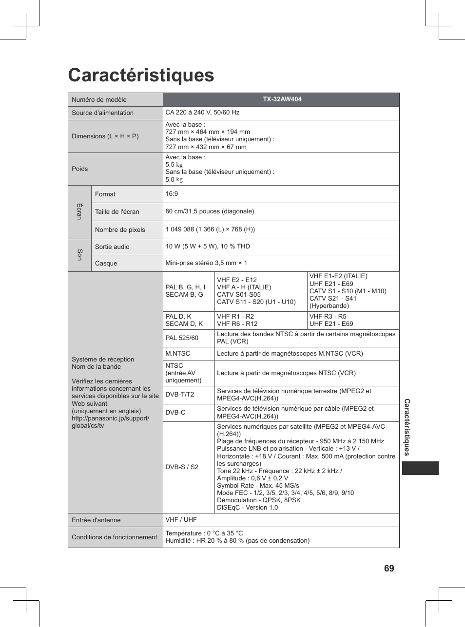 Caractéristiques, P. 69) | Panasonic TX32AW404 User Manual | Page 213 / 288