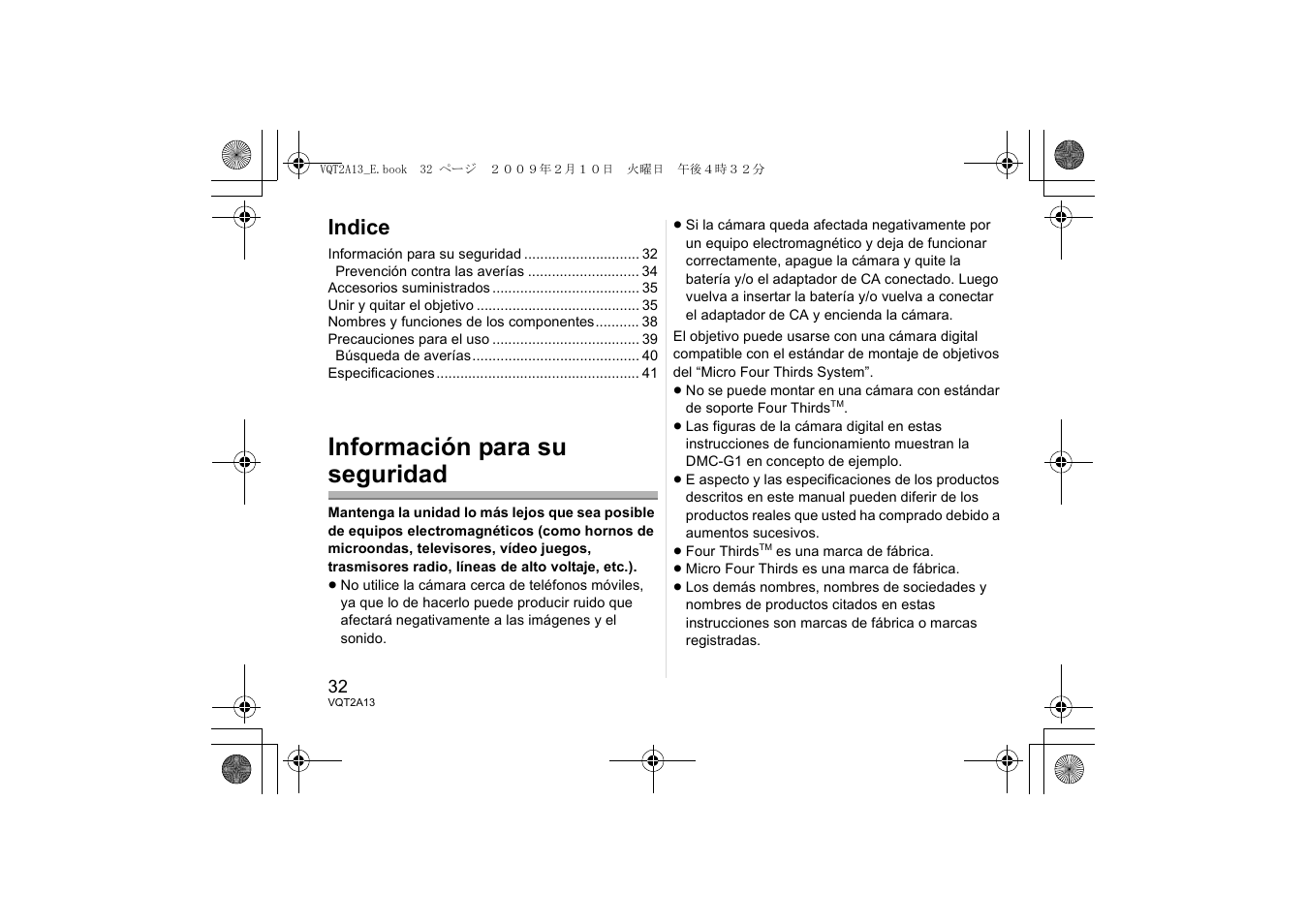 Información para su seguridad, Indice | Panasonic HFS014045 User Manual | Page 32 / 72