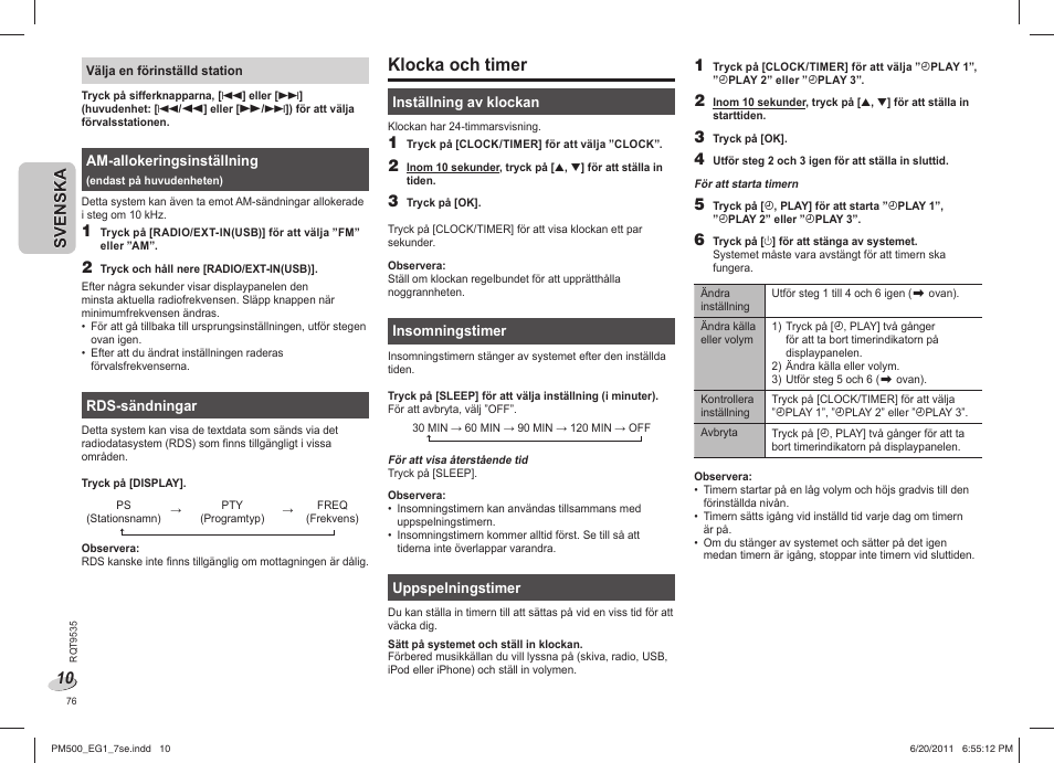 Klocka och timer | Panasonic SCPM500 User Manual | Page 76 / 80