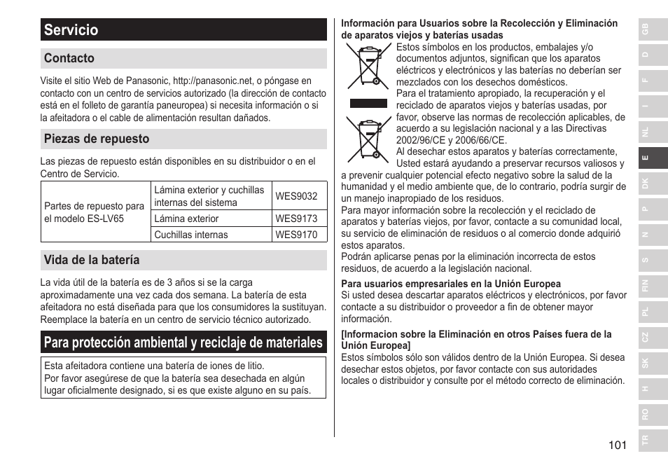 Servicio, Contacto, Piezas de repuesto | Vida de la batería | Panasonic ESLV65 User Manual | Page 101 / 282