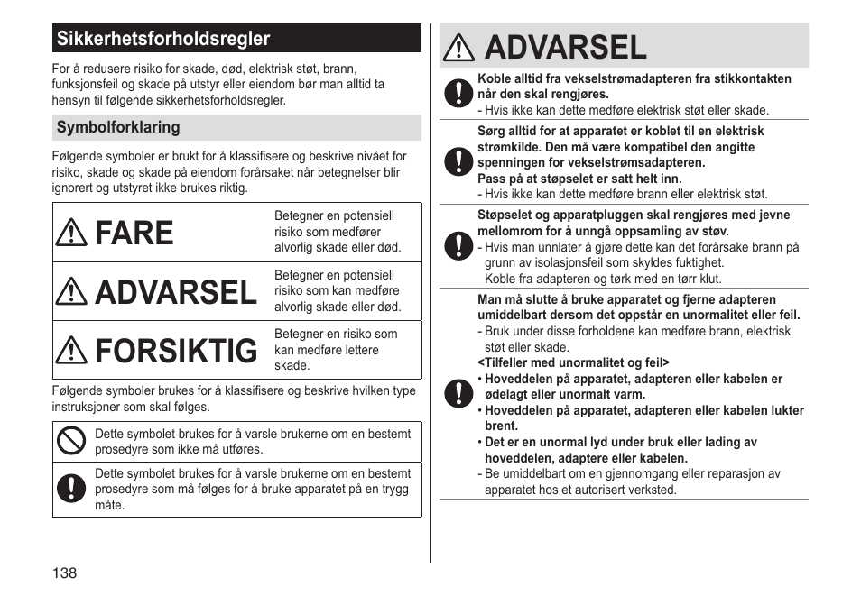 Fare, Advarsel, Forsiktig | Sikkerhetsforholdsregler | Panasonic ESLV65 User Manual | Page 138 / 282
