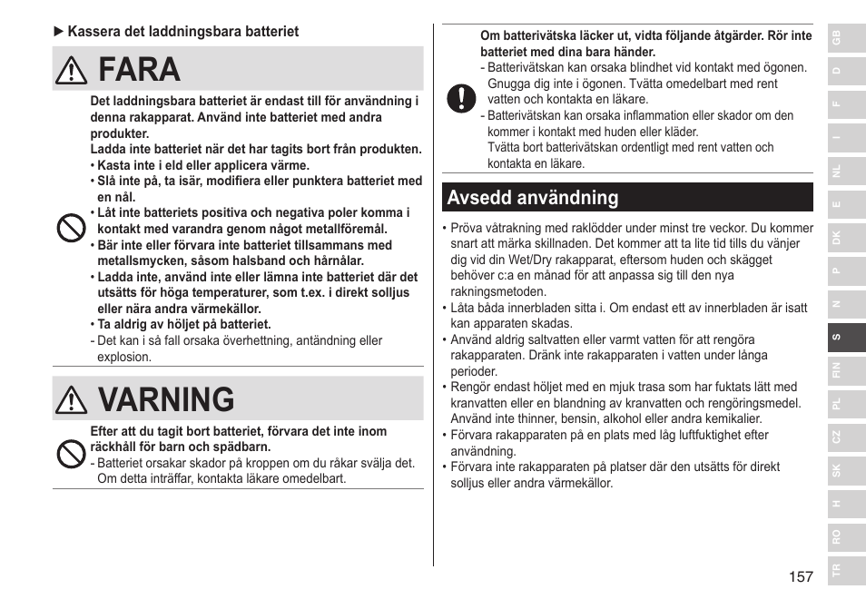 Fara, Varning, Avsedd användning | Panasonic ESLV65 User Manual | Page 157 / 282