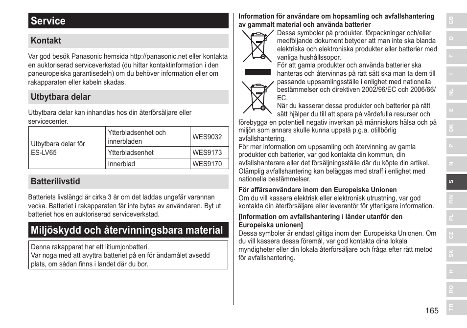 Service, Miljöskydd och återvinningsbara material, Kontakt | Utbytbara delar, Batterilivstid | Panasonic ESLV65 User Manual | Page 165 / 282