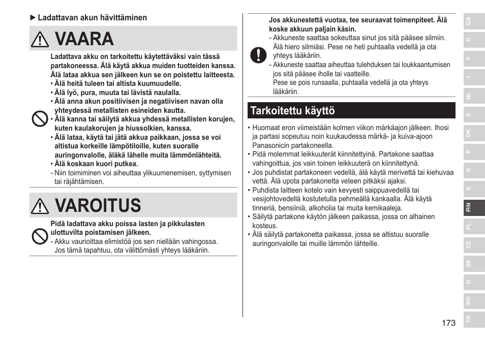 Vaara, Varoitus, Tarkoitettu käyttö | Panasonic ESLV65 User Manual | Page 173 / 282