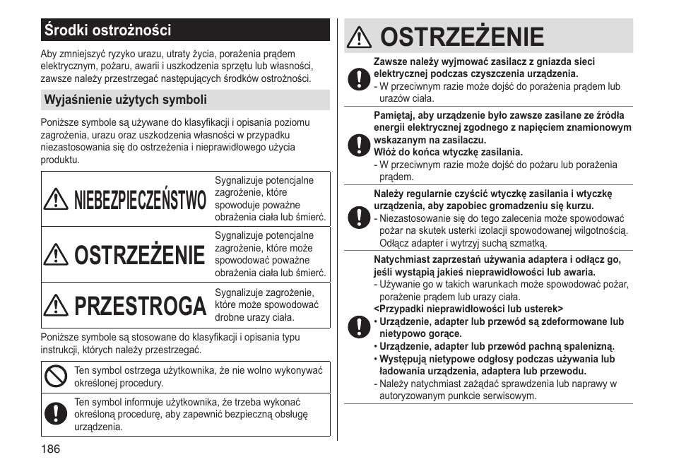 Niebezpieczeństwo, Ostrzeżenie, Przestroga | Środki ostrożności | Panasonic ESLV65 User Manual | Page 186 / 282