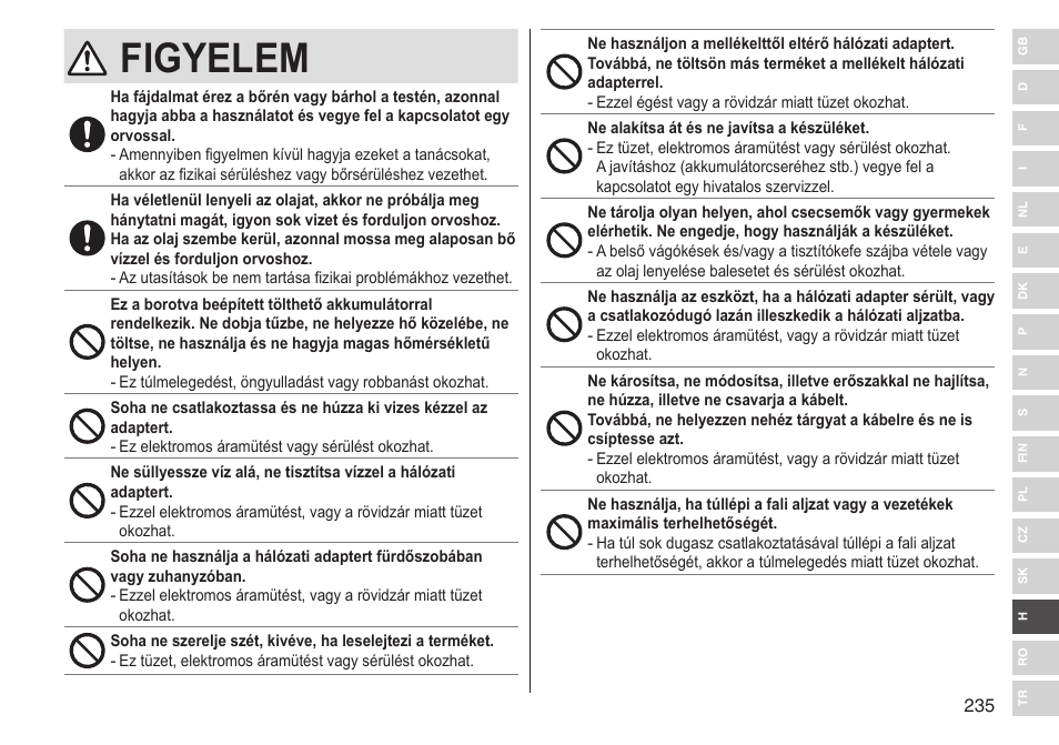 Figyelem | Panasonic ESLV65 User Manual | Page 235 / 282