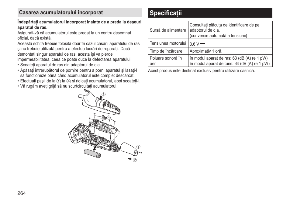 Specificaţii, Casarea acumulatorului încorporat | Panasonic ESLV65 User Manual | Page 264 / 282