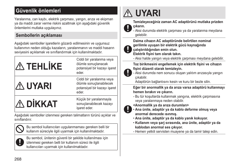 Tehlike, Uyari, Dikkat | Güvenlik önlemleri | Panasonic ESLV65 User Manual | Page 268 / 282