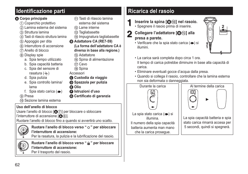 Ricarica del rasoio, Identificazione parti | Panasonic ESLV65 User Manual | Page 62 / 282
