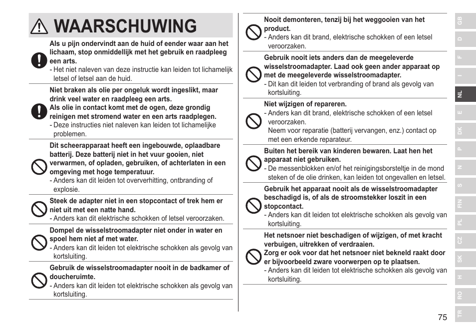 Waarschuwing | Panasonic ESLV65 User Manual | Page 75 / 282