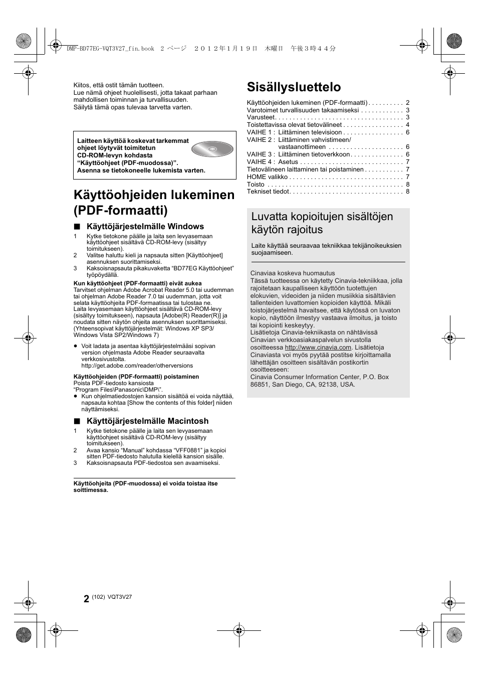 Sisällysluettelo, Käyttöohjeiden lukeminen (pdf-formaatti), Alkuohjeet | Luvatta kopioitujen sisältöjen käytön rajoitus, Käyttöjärjestelmälle windows, Käyttöjärjestelmälle macintosh | Panasonic DMPBD77EG User Manual | Page 102 / 112
