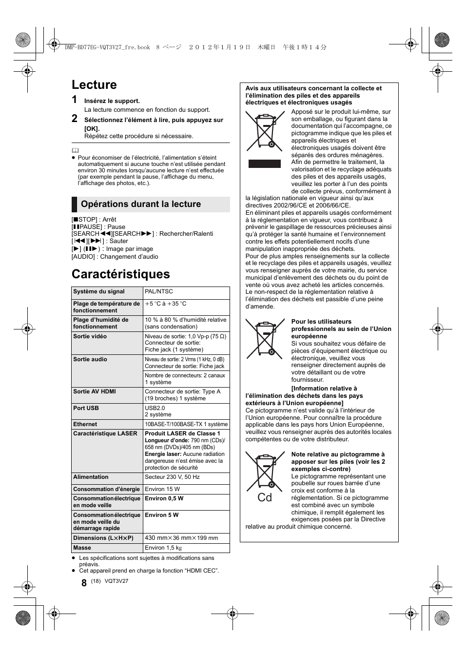 Lecture, Caractéristiques, Opérations durant la lecture | Panasonic DMPBD77EG User Manual | Page 18 / 112