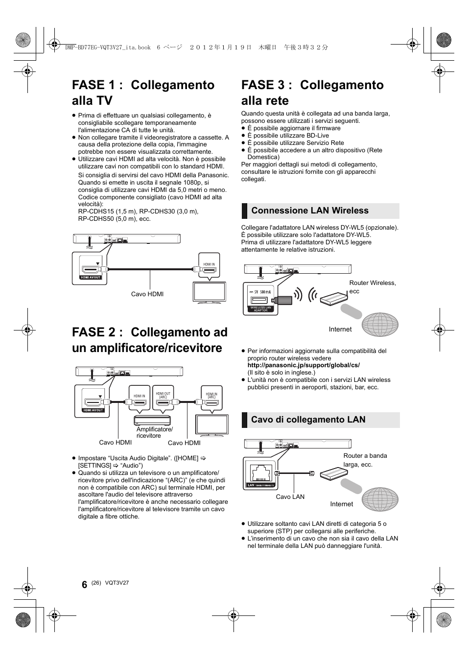 Fase 1 : collegamento alla tv, Fase 3 : collegamento alla rete, Connessione lan wireless cavo di collegamento lan | Panasonic DMPBD77EG User Manual | Page 26 / 112