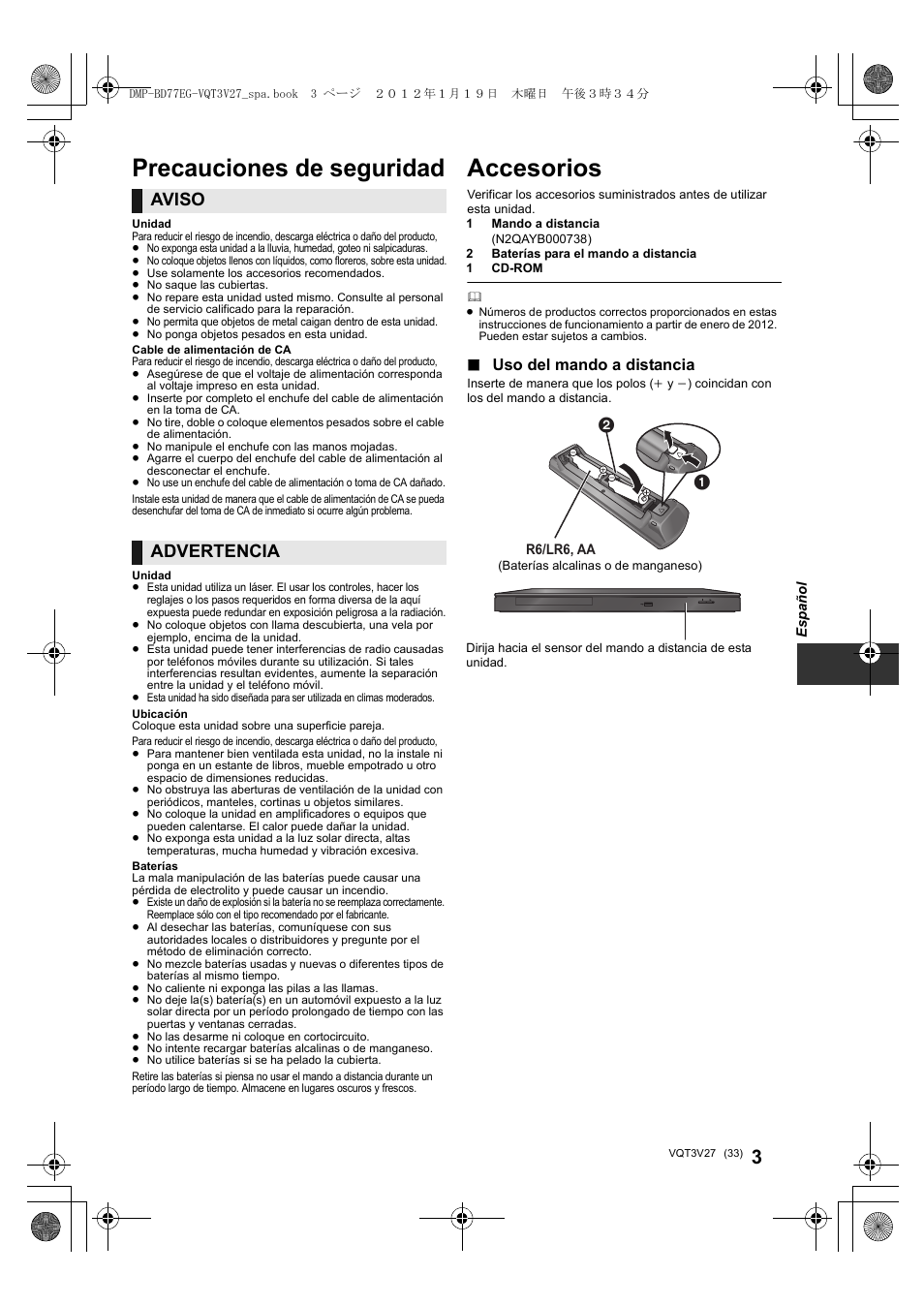 Accesorios, Precauciones de seguridad, Aviso | Advertencia, Uso del mando a distancia | Panasonic DMPBD77EG User Manual | Page 33 / 112