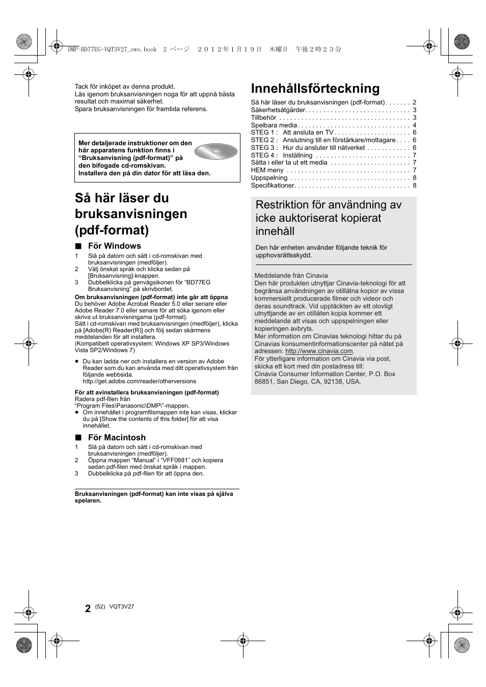 Innehållsförteckning, Så här läser du bruksanvisningen (pdf-format), För windows | För macintosh | Panasonic DMPBD77EG User Manual | Page 52 / 112