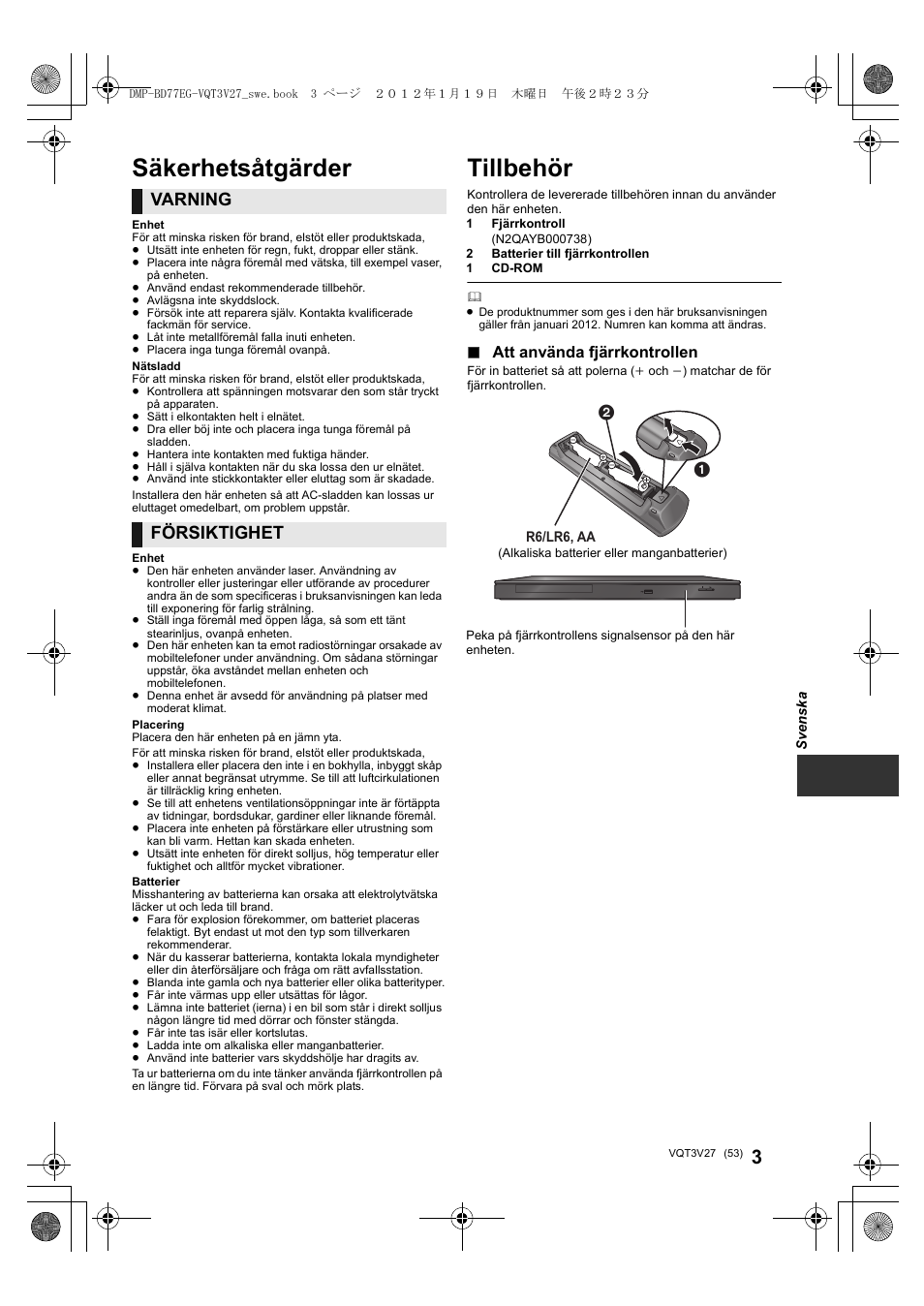 Tillbehör, Säkerhetsåtgärder, Varning | Försiktighet, Att använda fjärrkontrollen | Panasonic DMPBD77EG User Manual | Page 53 / 112