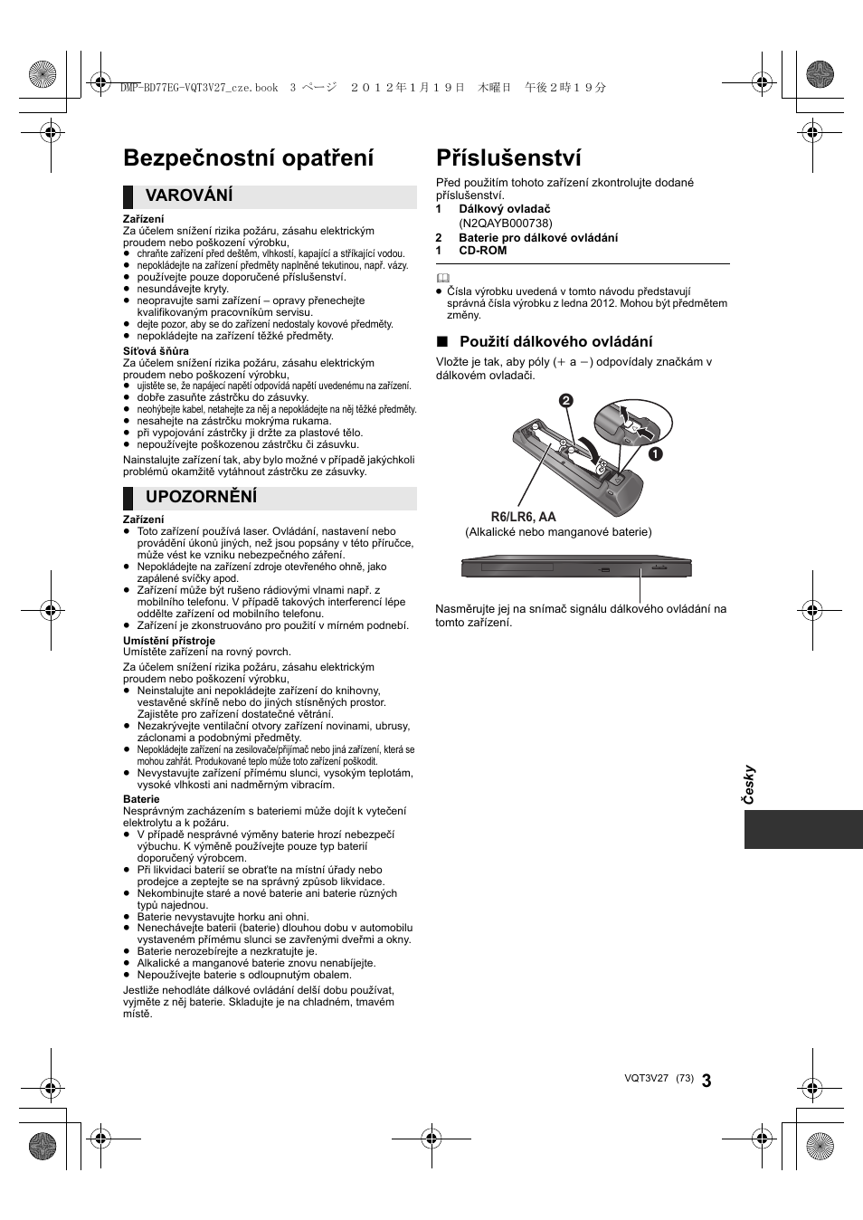 Příslušenství, Bezpečnostní opatření, Varování | Upozornění, Použití dálkového ovládání | Panasonic DMPBD77EG User Manual | Page 73 / 112