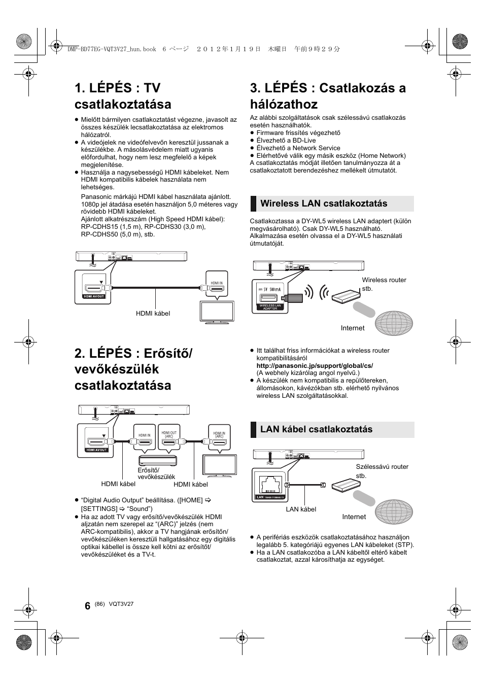 Lépés : tv csatlakoztatása, Lépés : erősítő/ vevőkészülék csatlakoztatása, Lépés : csatlakozás a hálózathoz | Panasonic DMPBD77EG User Manual | Page 86 / 112
