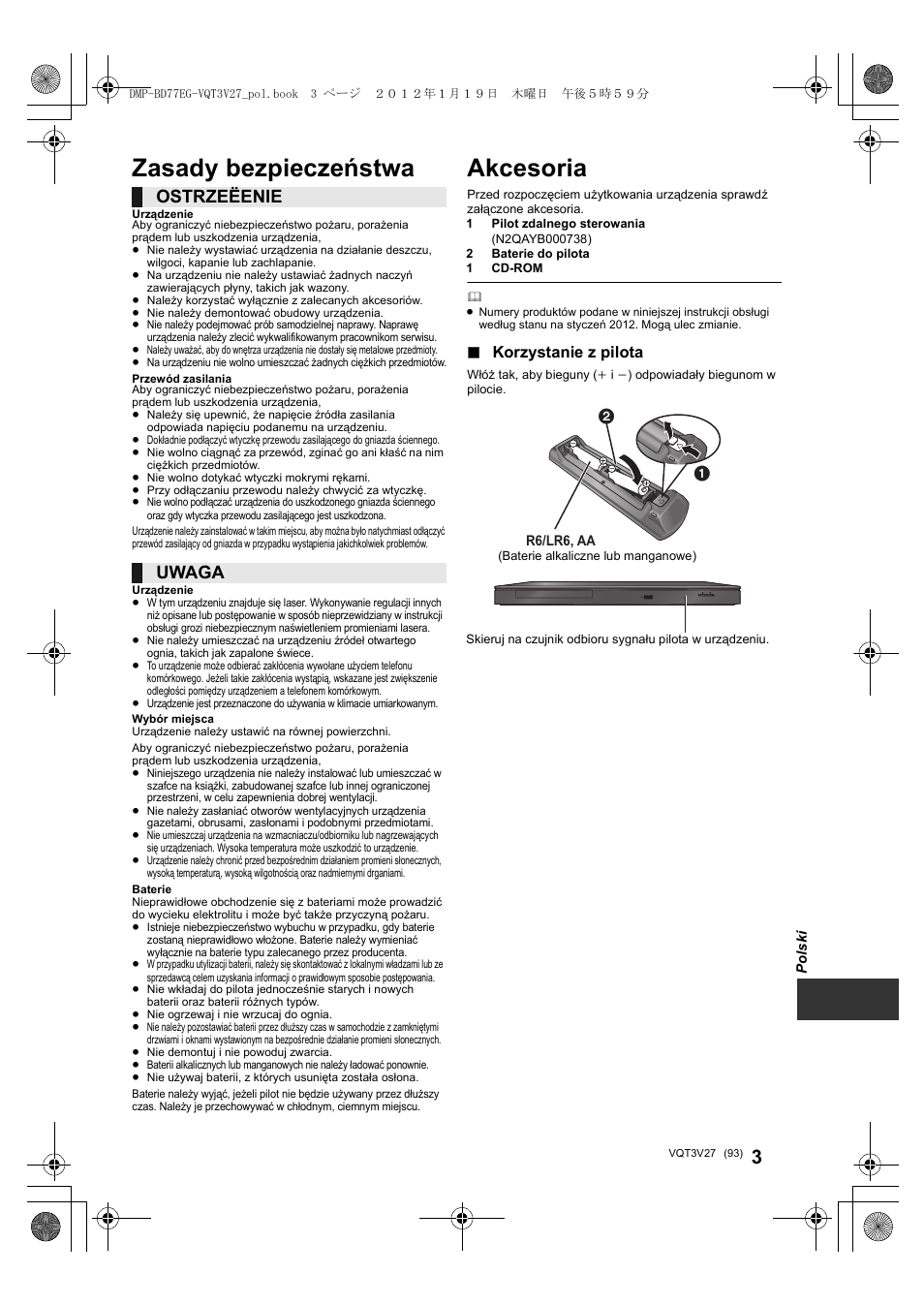 Akcesoria, Zasady bezpieczeństwa, Ostrzeëenie | Uwaga, Korzystanie z pilota | Panasonic DMPBD77EG User Manual | Page 93 / 112