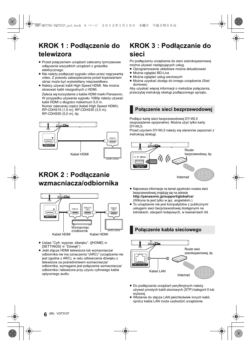 Krok 1 : podłączenie do telewizora, Krok 2 : podłączanie wzmacniacza/odbiornika, Krok 3 : podłączanie do sieci | Panasonic DMPBD77EG User Manual | Page 96 / 112