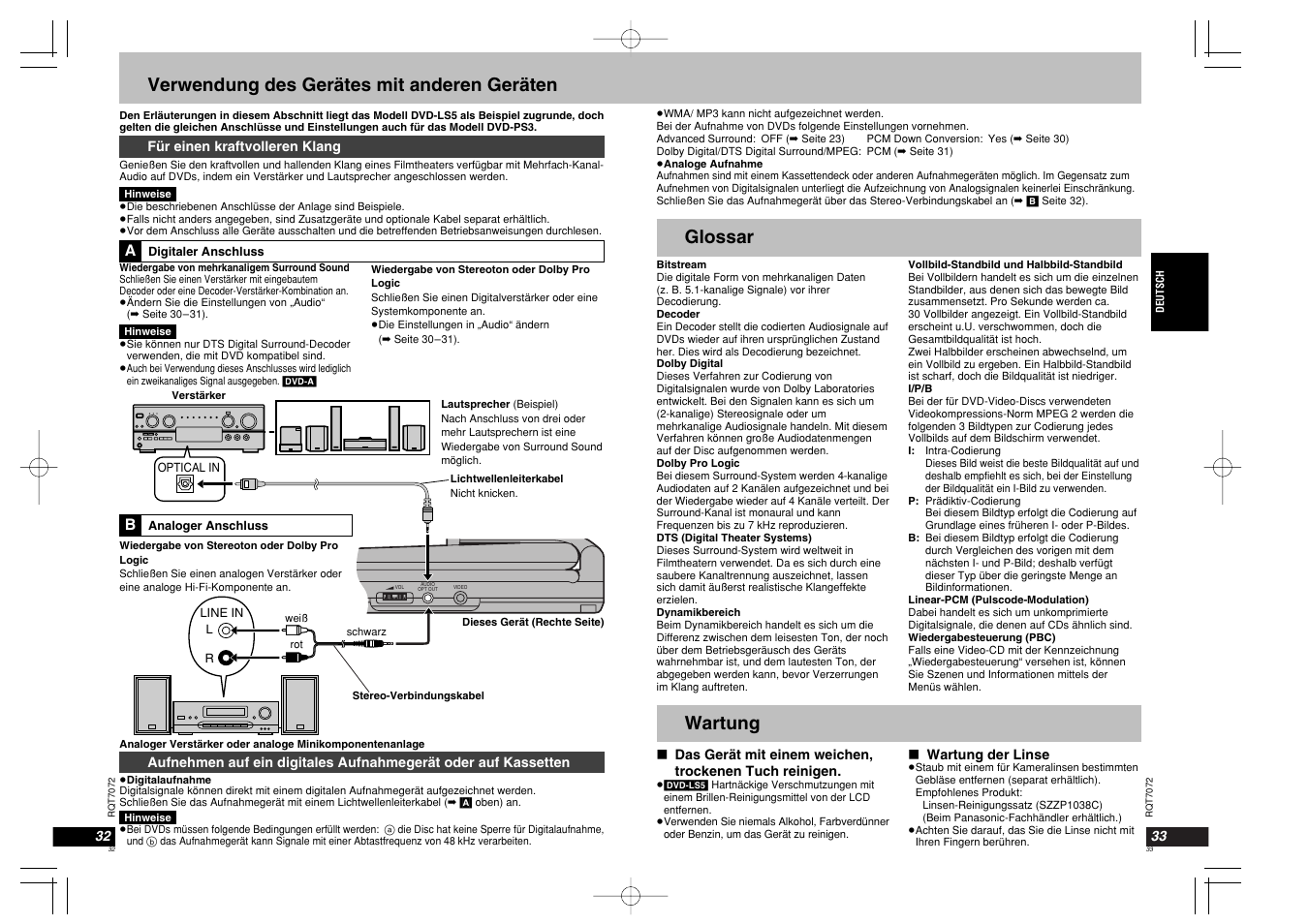 Verwendung des gerätes mit anderen geräten, Glossar, Wartung | Panasonic DVDLS5 User Manual | Page 17 / 37