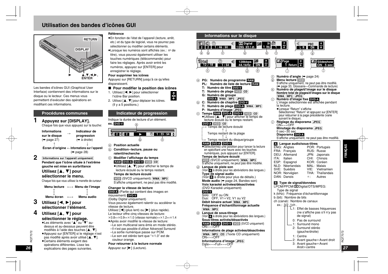 En te r vol aud i opt o open chg í en te r, Utilisation des bandes d’icônes gui | Panasonic DVDLS5 User Manual | Page 31 / 37