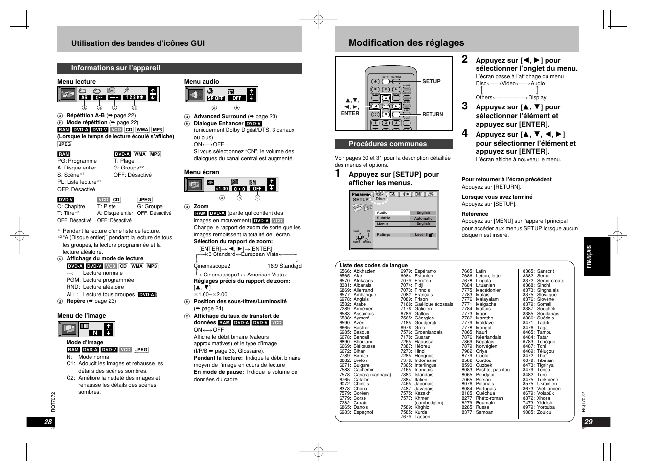 Modification des réglages, Utilisation des bandes d’icônes gui, Informations sur l’appareil | Procédures communes, Appuyez sur [setup] pour afficher les menus | Panasonic DVDLS5 User Manual | Page 32 / 37