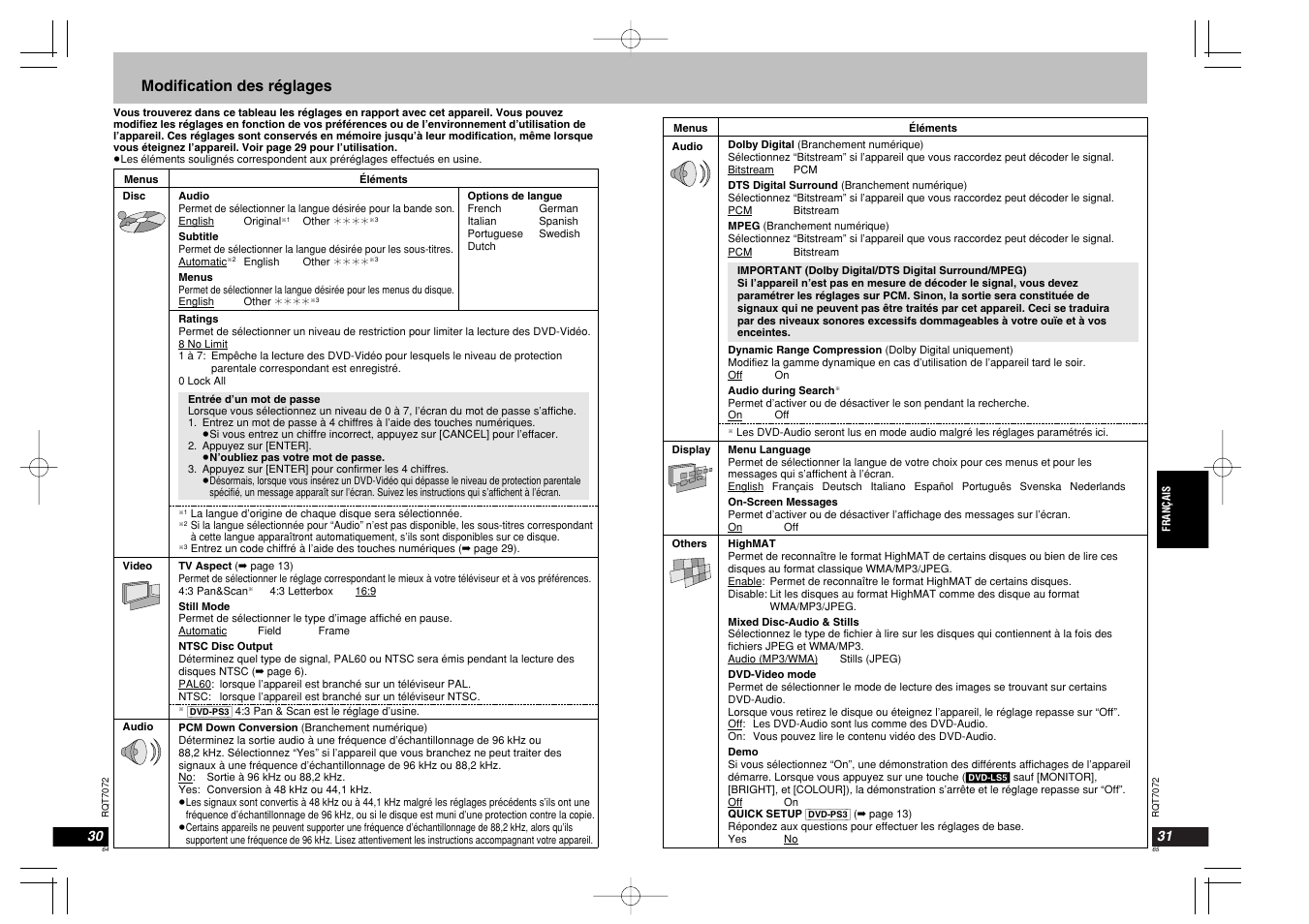 Modification des réglages | Panasonic DVDLS5 User Manual | Page 33 / 37