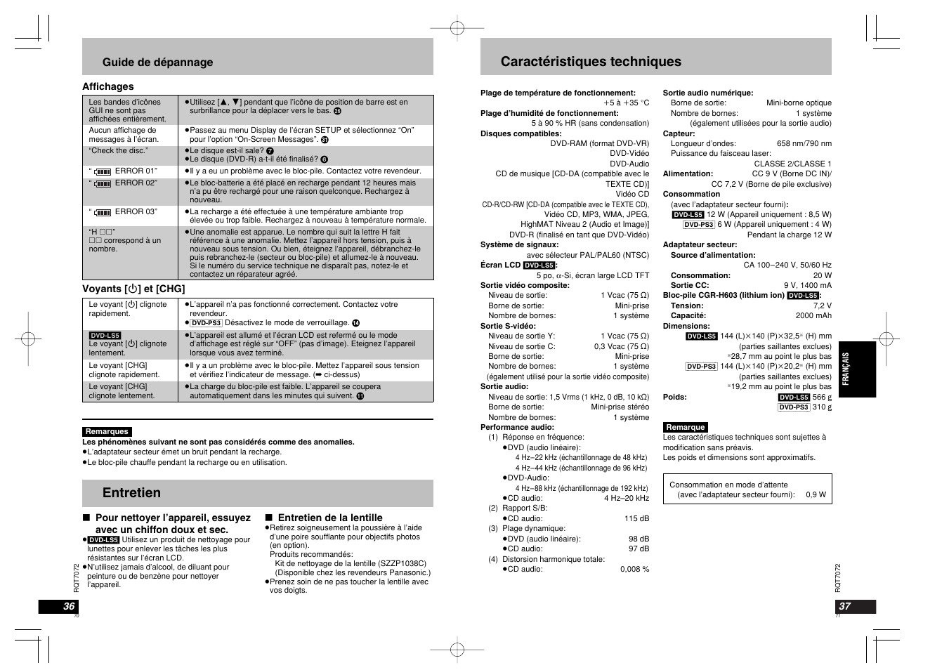 Caractéristiques techniques, Entretien, Guide de dépannage | Panasonic DVDLS5 User Manual | Page 36 / 37