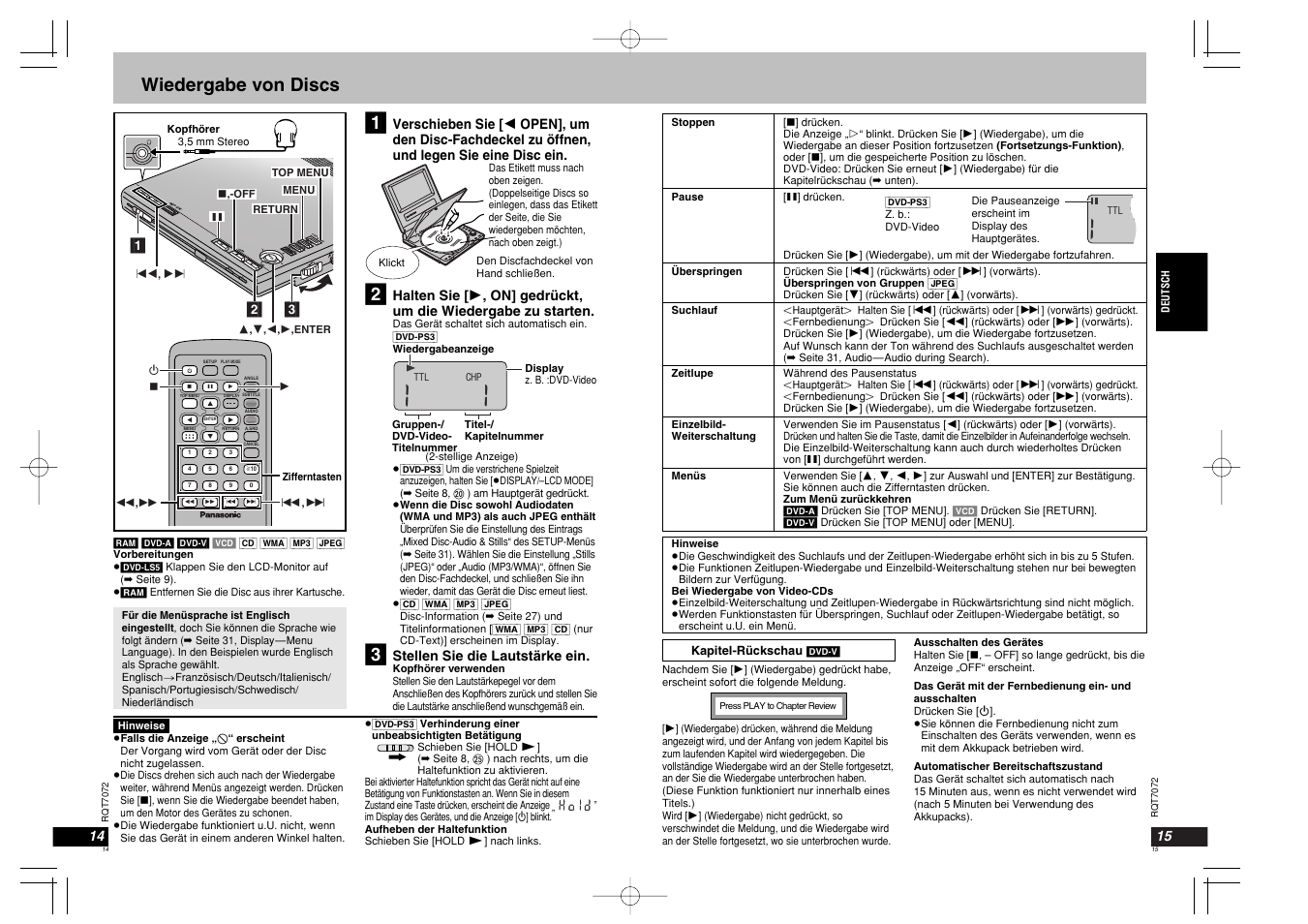 Enter vol audi opt o open chg í enter, Wiedergabe von discs | Panasonic DVDLS5 User Manual | Page 8 / 37