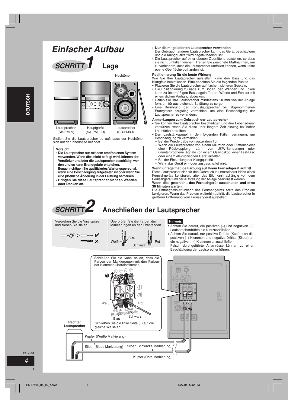 Einfacher aufbau, Lage, Anschließen der lautsprecher schritt | Schritt | Panasonic SCPM39D User Manual | Page 4 / 104