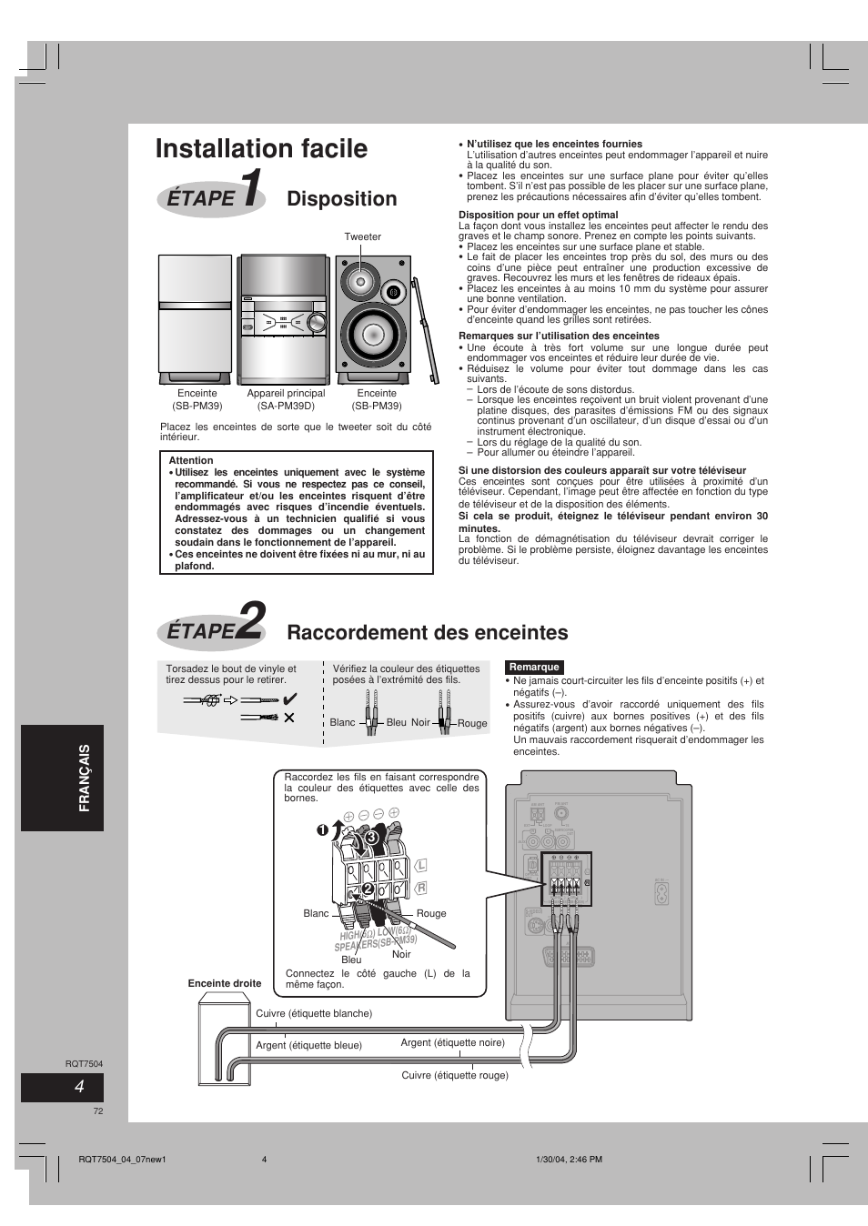 Installation facile, Disposition, Raccordement des enceintes étape | Étape | Panasonic SCPM39D User Manual | Page 72 / 104