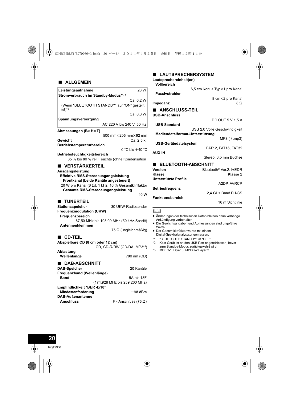 Technische daten | Panasonic SCHC39DBEW User Manual | Page 20 / 64