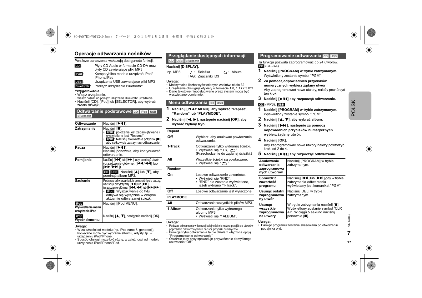 Polski, Operacje odtwarzania nośników | Panasonic SCPMX7EG User Manual | Page 17 / 44