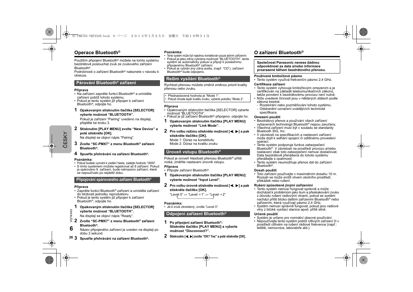 Operace bluetooth, O zařízení bluetooth, Česk y | Panasonic SCPMX7EG User Manual | Page 26 / 44