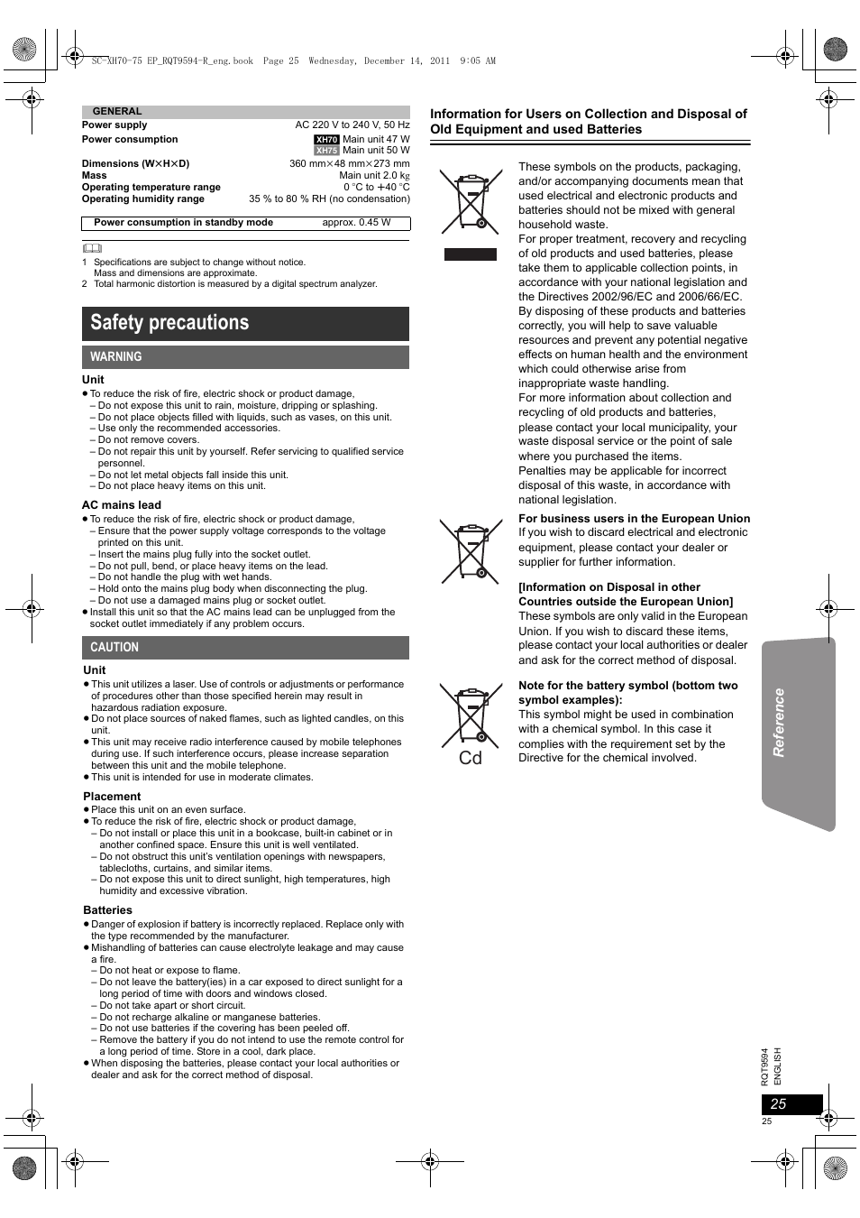 Safety precautions | Panasonic SCXH75EP User Manual | Page 25 / 94