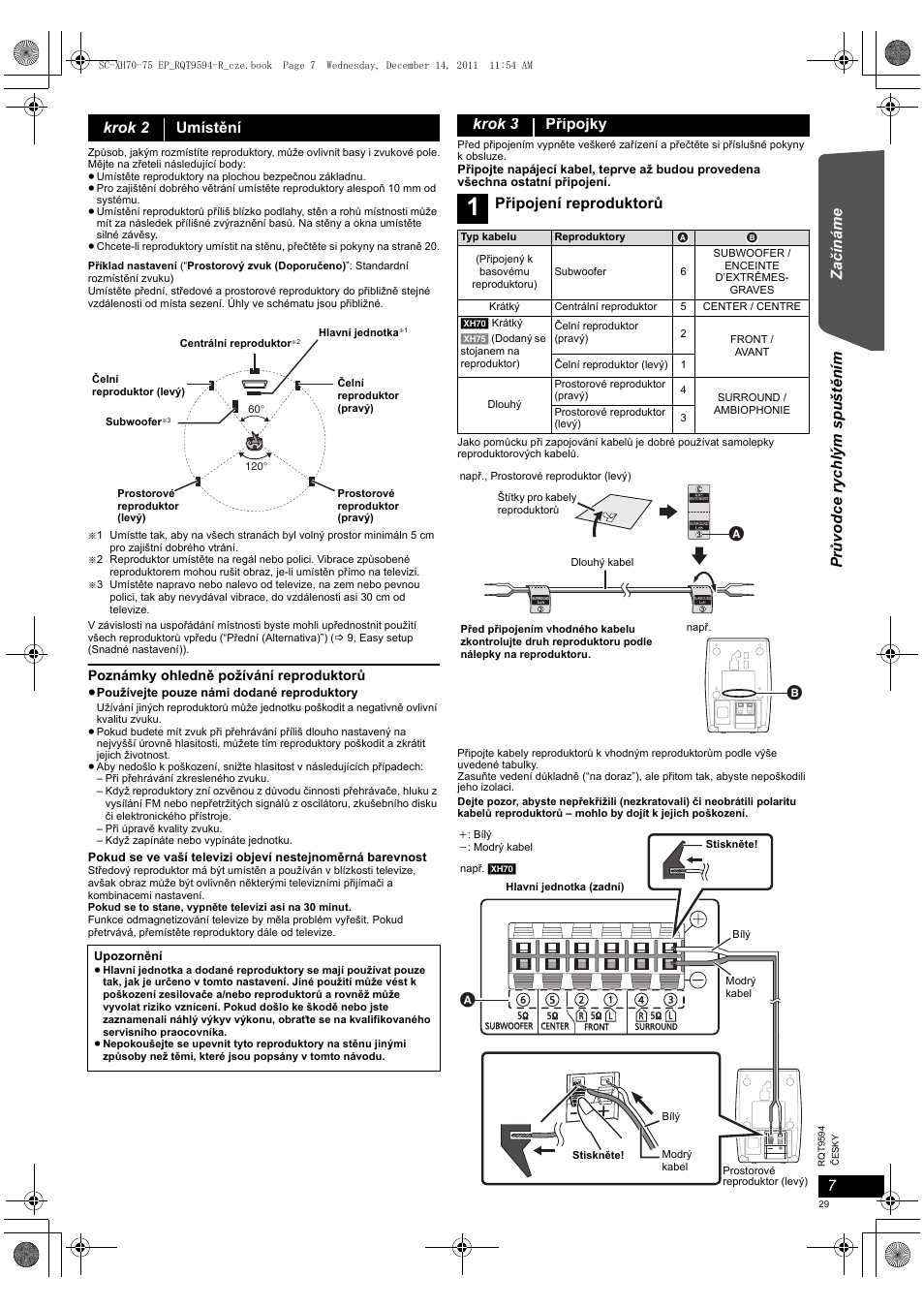 Za čínáme pr ů vo dce r ych lý m s pušt ě ní m, Krok 2 umístění, Krok 3 přípojky | Připojení reproduktorů | Panasonic SCXH75EP User Manual | Page 29 / 94
