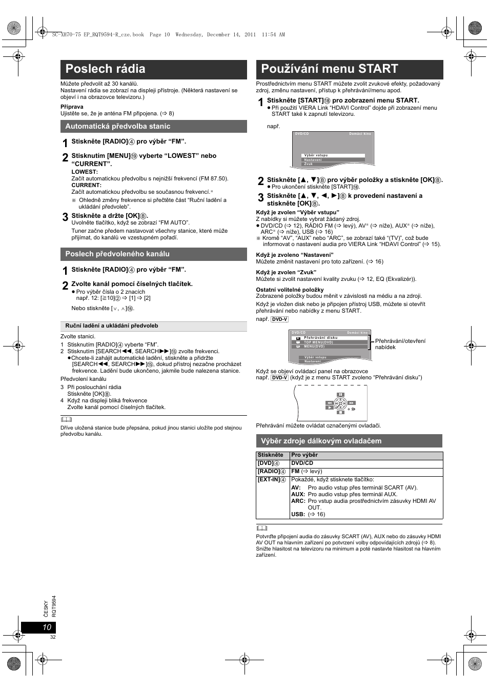 Poslech rádia, Používání menu start | Panasonic SCXH75EP User Manual | Page 32 / 94