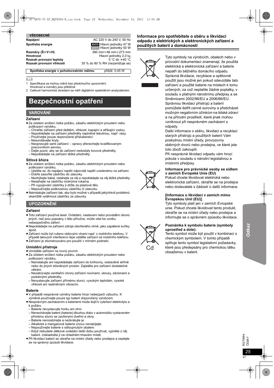 Bezpečnostní opatření | Panasonic SCXH75EP User Manual | Page 47 / 94